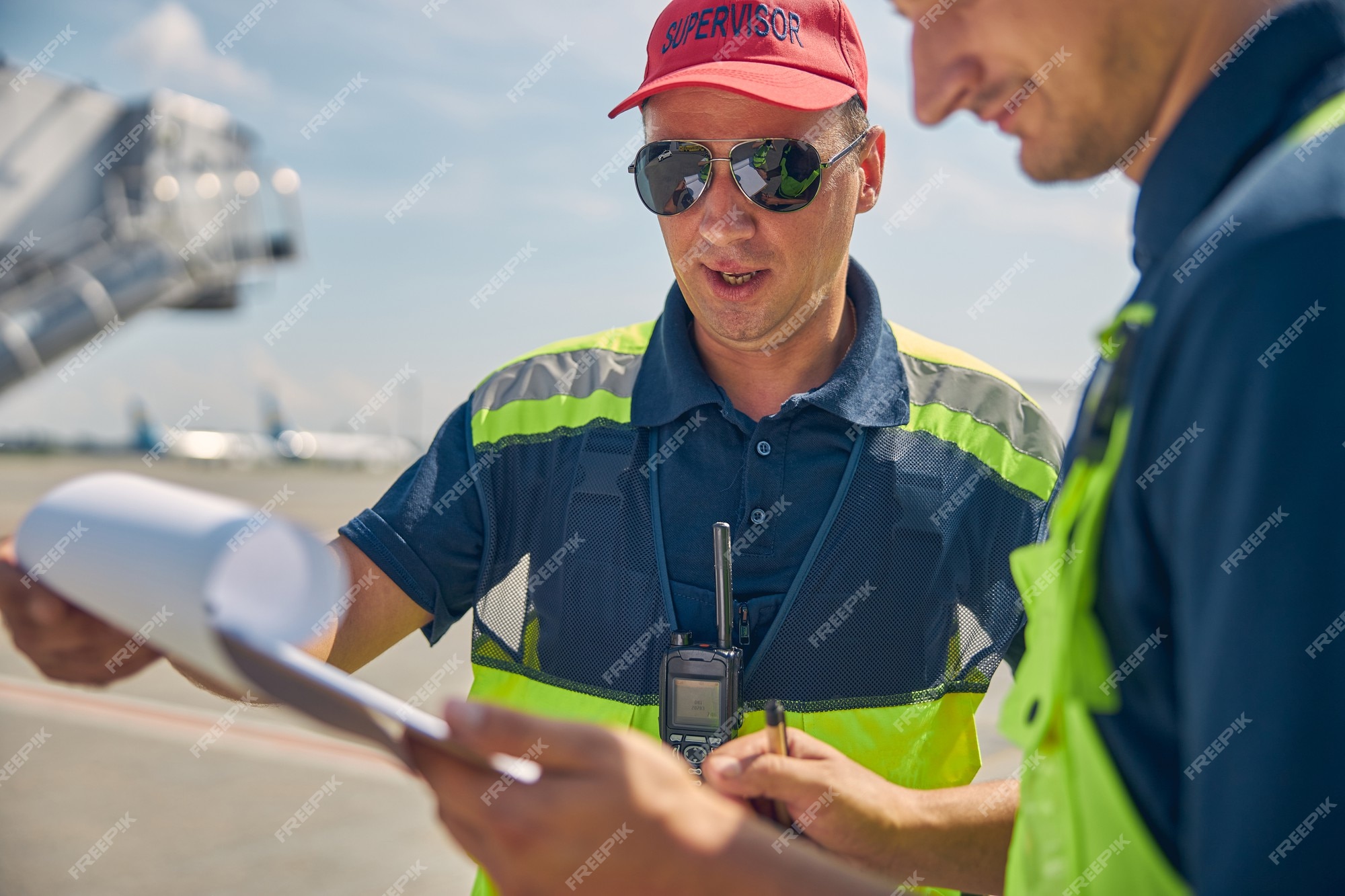 Supervisor mantenimiento de aeronaves concentrado en ropa de trabajo mirando un documento en la mano de colega masculino | Foto Premium