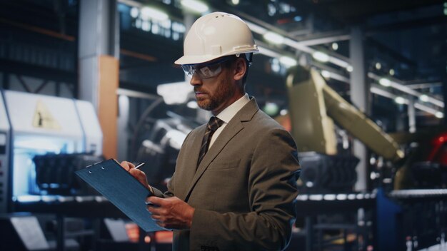 Supervisor serio comprobando el proceso de fabricación en la producción solo de cerca