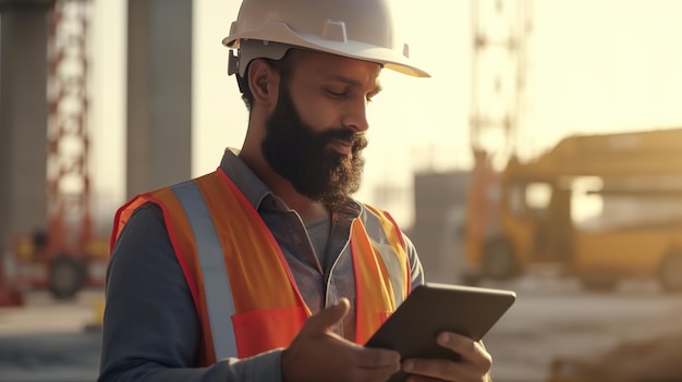 Supervisor de sitio comprobando la tableta en el sitio de construcción IA generativa