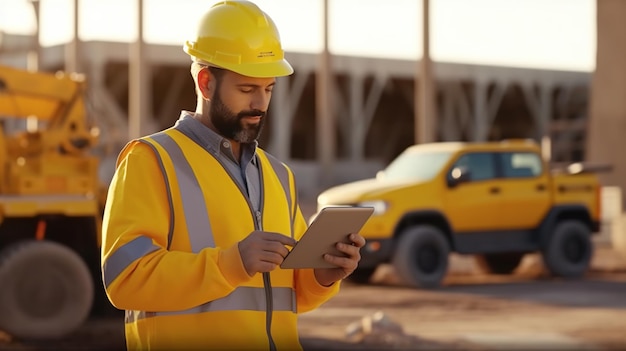 Supervisor de sitio comprobando la tableta en el sitio de construcción IA generativa