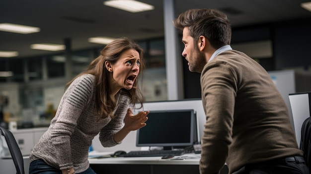 Foto el supervisor y un subordinado se gritan el uno al otro en una oficina de la compañía