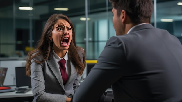 Un supervisor y un subordinado se gritan entre sí en una oficina de la compañía