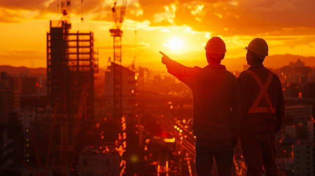 Los supervisores supervisan la construcción al amanecer