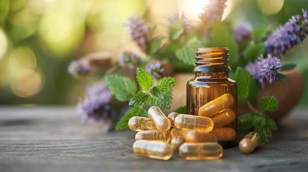 Suplementos naturales y remedios a base de hierbas Medicina alternativa Primer plano de una botella marrón