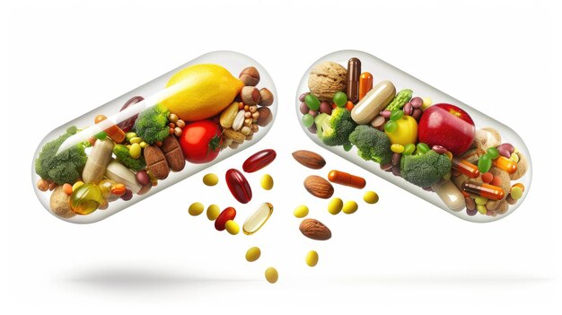 Suplementos nutricionales y suplementos vitamínicos una cápsula con frutas verduras nueces y frijoles dentro de una píldora de nutrientes concepto de salud de la medicina aislado en un fondo blanco