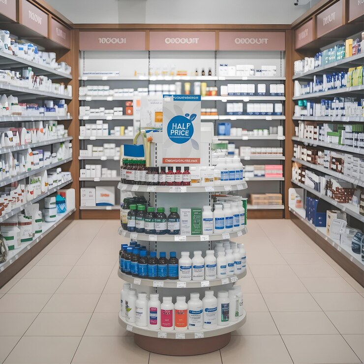 Suplementos de salud y vitaminas con descuento en el pasillo de la farmacia