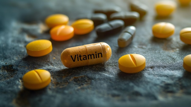 Suplementos vitamínicos e cápsulas conceito em uma pílula gigante
