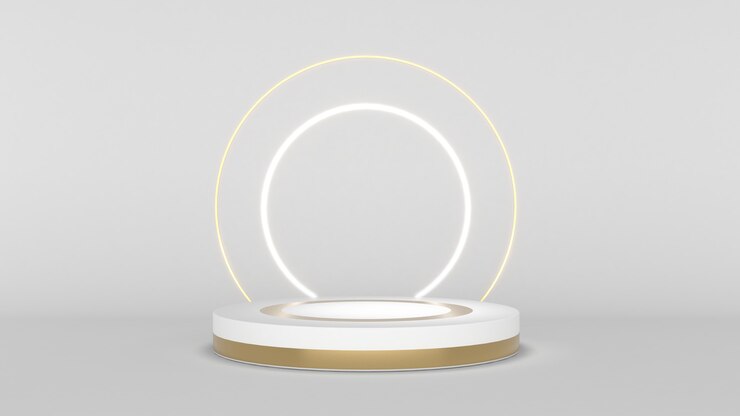 Foto suporte branco com aro dourado em fundo branco, pódio de simulação para apresentação do produto, renderização em 3d