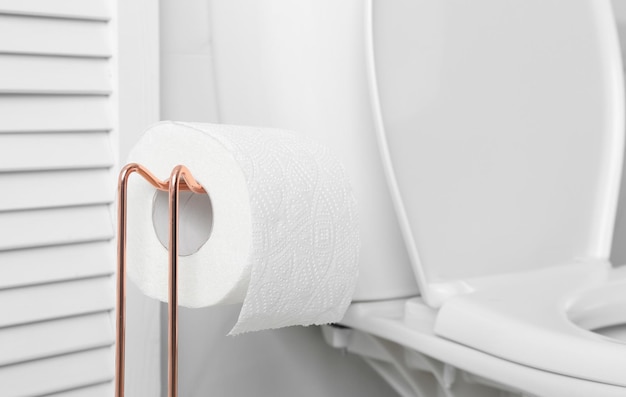 Suporte com rolo de papel perto do vaso sanitário no banheiro