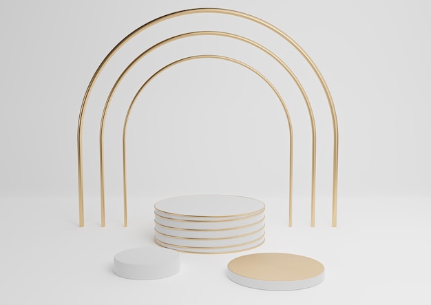 Suporte de arco de ouro de luxo de pódio de exibição de produto 3D branco composição abstrata de fundo mínimo