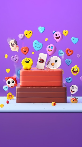 Suporte de exibição de emoticon de desenho animado com velas e confetes Fundo de pódio de mídia social com emojis