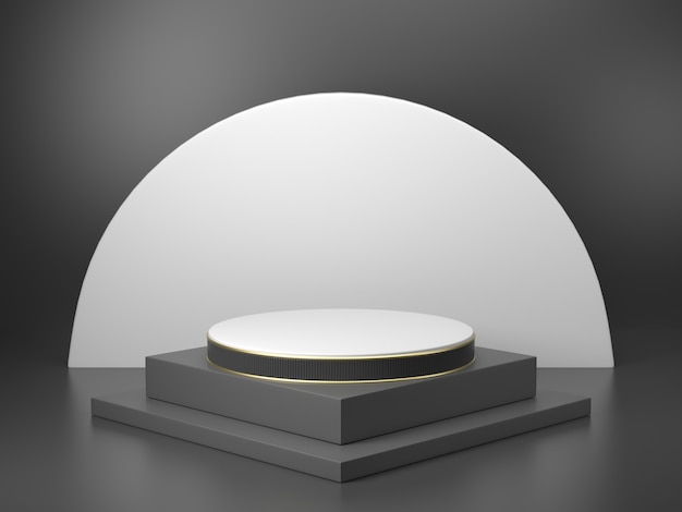 Suporte de exposição do produto com imagem de renderização 3d de cor preta, há suporte de cilindro preto com padrão de linha preta e luz de cima