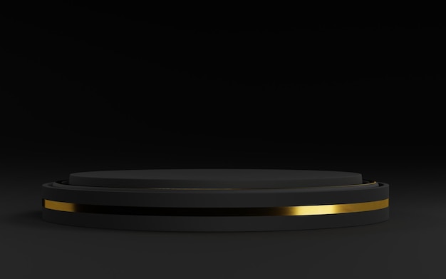 Suporte de fundo de produto preto ou pedestal de pódio em exibição de publicidade com cenários em branco e renderização em 3D de linha dourada