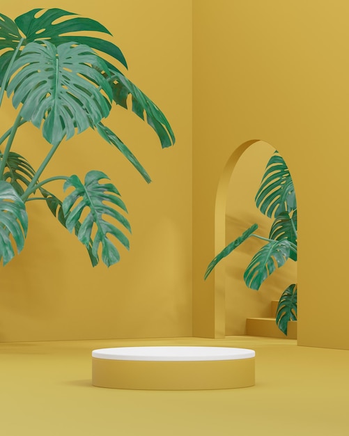 Suporte de palco de pódio amarelo no fundo de árvores tropicais para renderização 3d de colocação de produtos