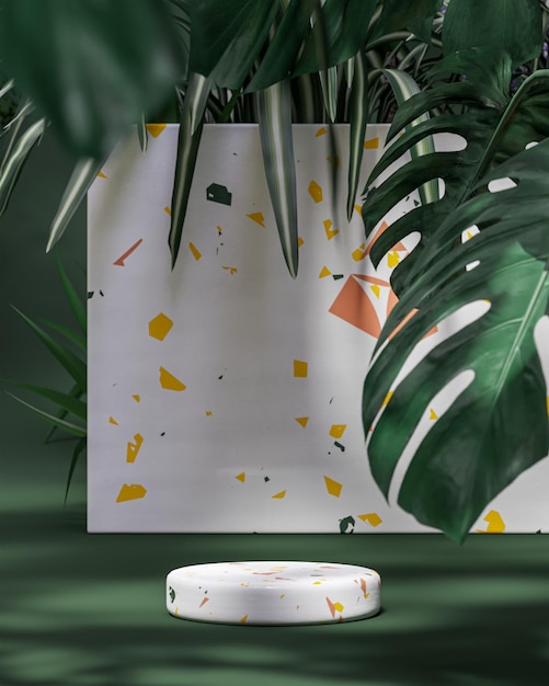 Suporte de palco de pódio branco tropical em renderização 3d de fundo verde