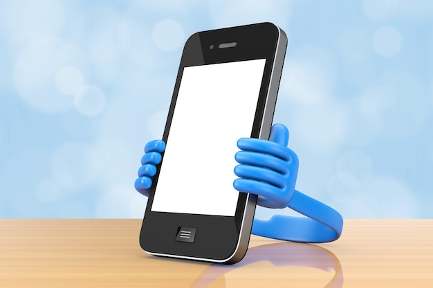 Suporte de plástico para celular como as mãos segure o smartphone em uma mesa de madeira. renderização 3d.