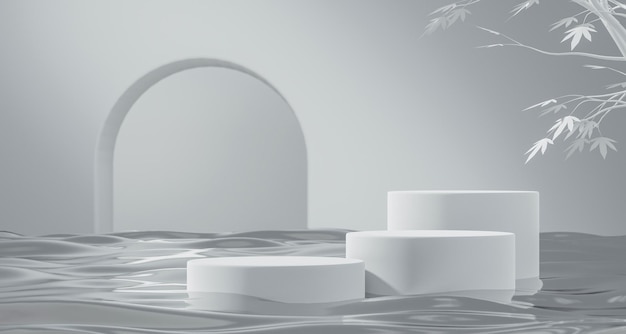 Suporte de pódio branco vazio no fundo abstrato de água pura com plataforma de exibição de produtos naturais de beleza natural ou maquete em branco pedestal de spa limpo e cenário moderno de pano de fundo 3d líquido cosmético mínimo