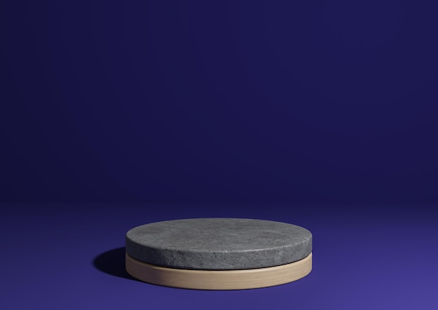 Suporte de pódio de cilindro de madeira de concreto de fundo mínimo azul escuro 3D simples