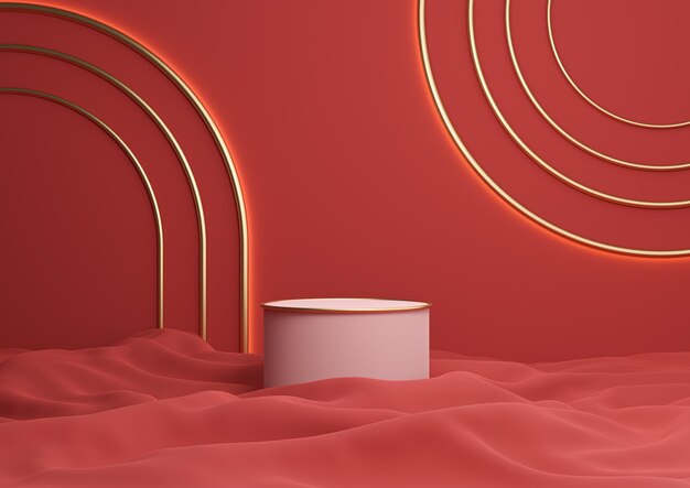 Suporte de pódio de exibição de produto luxuoso 3D vermelho escuro linhas douradas composição mínima arco geométrico