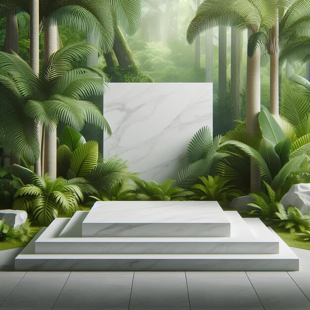 suporte de pódio publicitário com folhas de selva tropical em fundo plataforma de pedestal de pedra cinza vazia