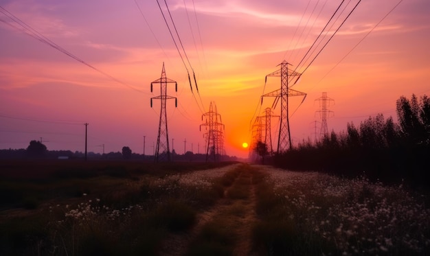 Suportes de eletricidade no cenário do pôr do sol no céu Linhas de energia ao anoitecer Generative AI