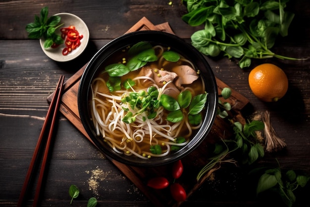 Foto suppe gemüse mittagessen speise schüssel heiße asiatische japanische mahlzeit hintergrund nudeln generative ki