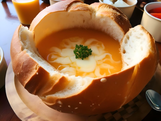 Suppe in einer Schüssel aus Brot. Hohe Auflösung