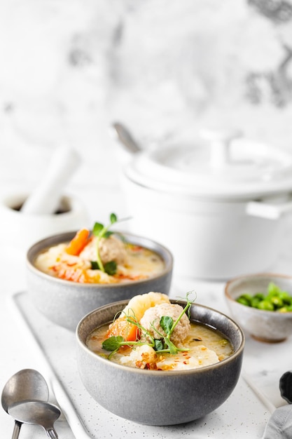 Suppe mit Hühnerfleischbällchen und Frühlingsgemüse auf weißem Hintergrund Vertikal