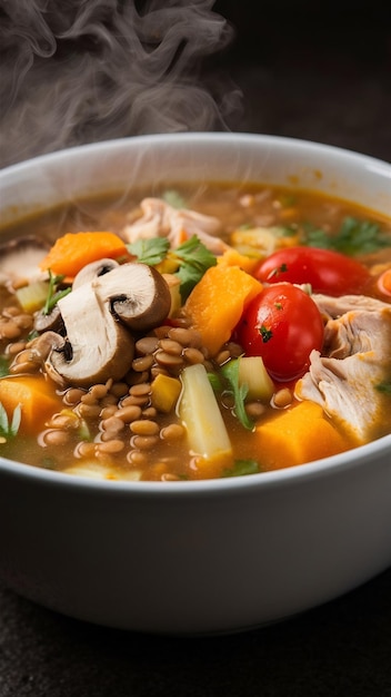 Suppe, Pilz, Linsen, Kürbis, Tomaten, Huhn, Seitenansicht