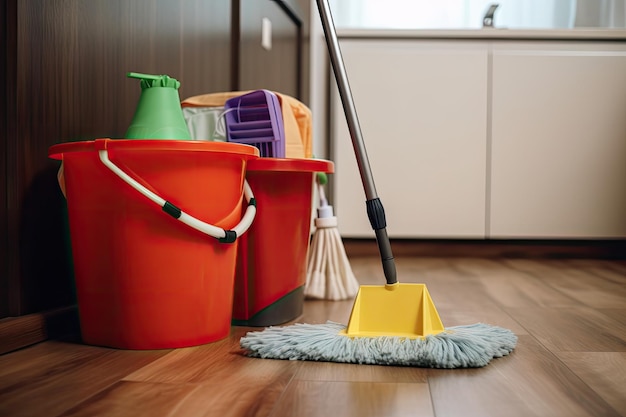 Suprimentos de limpeza, incluindo esfregão e balde para uma casa limpa e arrumada criada com IA generativa
