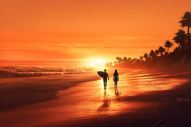 Surf al atardecer Joven montando olas al atardecer Estilo de vida activo al aire libre IA generativa