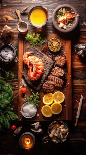 Surf and turf o surf 'n' turf es un plato principal que combina mariscos y carne roja