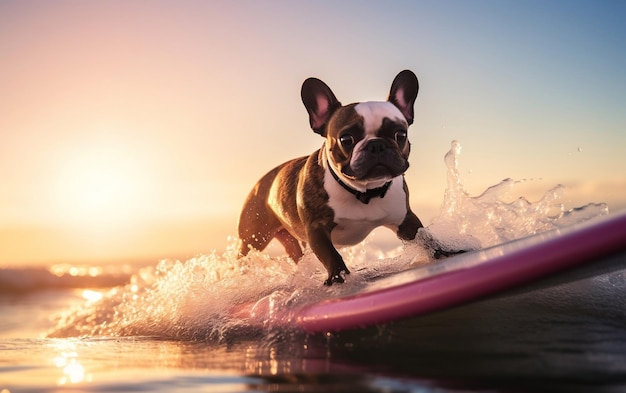 Surfando Bulldog Francês Imagem de um Bulldog Francês em uma prancha de surf rosa Generative AI