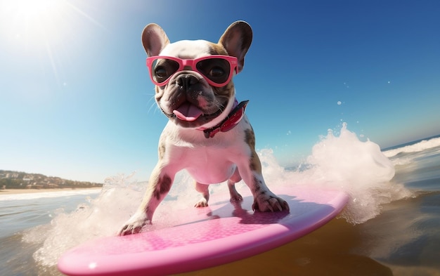 Surfando Bulldog Francês Imagem de um Bulldog Francês em uma prancha de surf rosa Generative AI