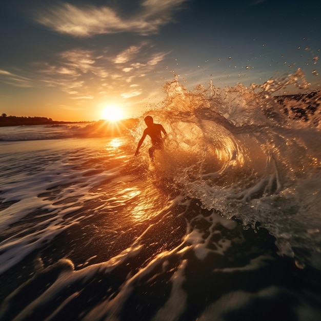 Surfar al atardecer silueta de un surfista en el atardecer salpicaduras de aguas del mar