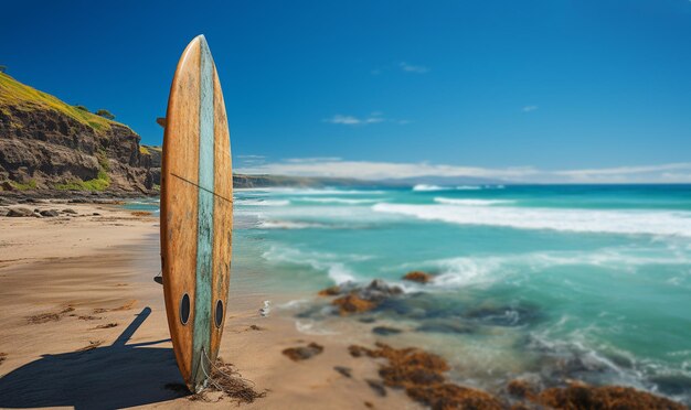 Foto surfboard liegt an einem tropischen strand mit blick auf den ozean abenteuerreisen und wassersport entspannung und