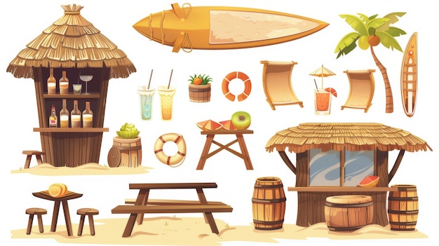 Surfboard tiki bar en la playa con cócteles y frutas Hawaiana tropical de madera y bambú cabaña con techo de paja o paja