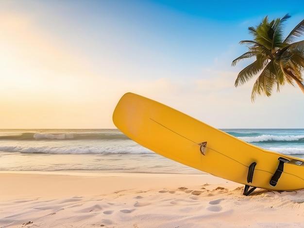 Surfbrett am tropischen Sandstrand Extremsport Surfen im Resort bei Sonnenuntergang