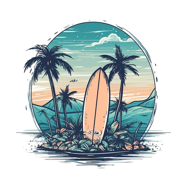 Surfbrett auf der Insel mit Palmen