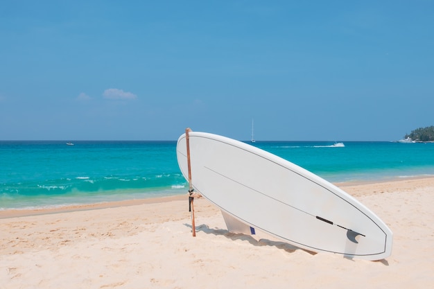 Surfbrett auf tropischem Strand mit blauem Meer im Sommer