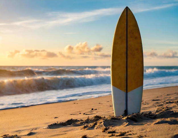 Foto surfbrett steckt im sand des strandes mit einer welle im hintergrundraum für text