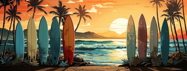 Surfbretter in verschiedenen Farben und Designs liegen bei Sonnenuntergang im Sand am Traveler Beach