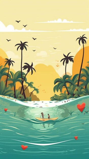 Surfeadores en el océano con palmeras y un globo en forma de corazón generativo ai