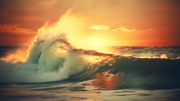 Surfeando las olas del océano al atardecer Un hermoso paisaje con olas azules del océano