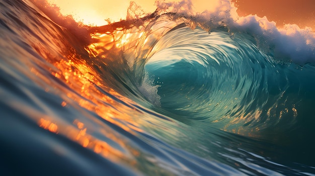 Surfeando las olas del océano al atardecer Un hermoso paisaje con olas azules del océano