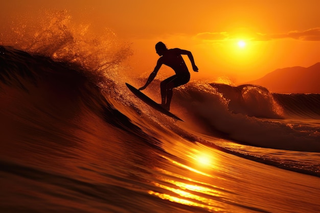 Surfeo en silueta al atardecer