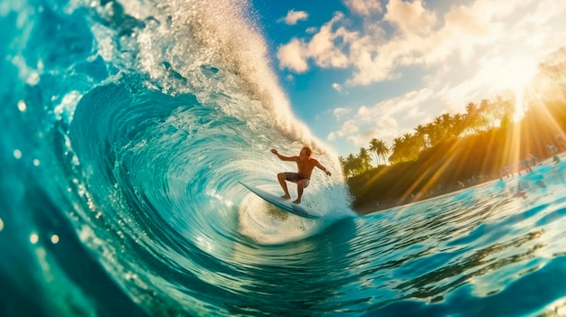 Surfer auf blauer Meereswelle bei Sonnenuntergang Generative KI