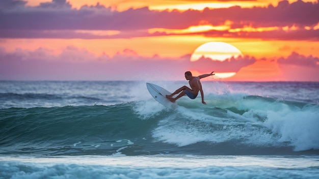 Surfer auf dem Ozean mit dem atemberaubenden Sonnenuntergang am Himmel im Hintergrund