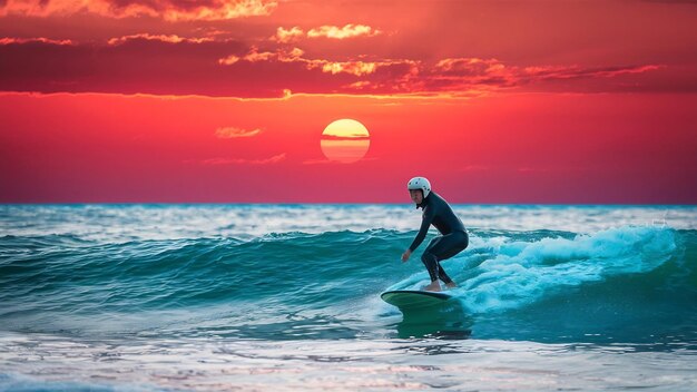 Surfer auf dem Ozean mit dem atemberaubenden Sonnenuntergang am Himmel im Hintergrund