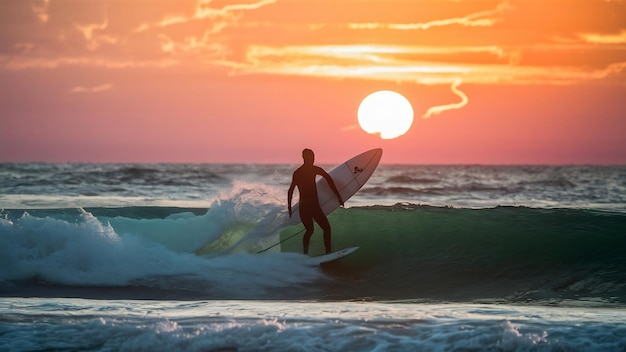 Surfer auf dem Ozean mit dem atemberaubenden Sonnenuntergang am Himmel im Hintergrund